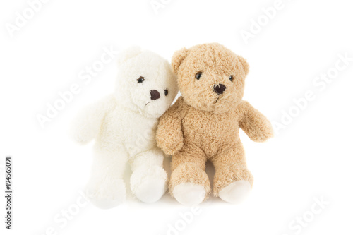 Two lover of white and brown fluffy cute romantic teddy bear cuddle together with white background.