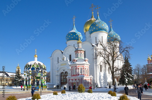 Sergiev Posad, Moscow region, Russia - February 27, 2018: The Holy Trinity-St. Sergius Lavra in Sergiev Posad. Cathedral of the Dormition, Assumption well of the chapel  