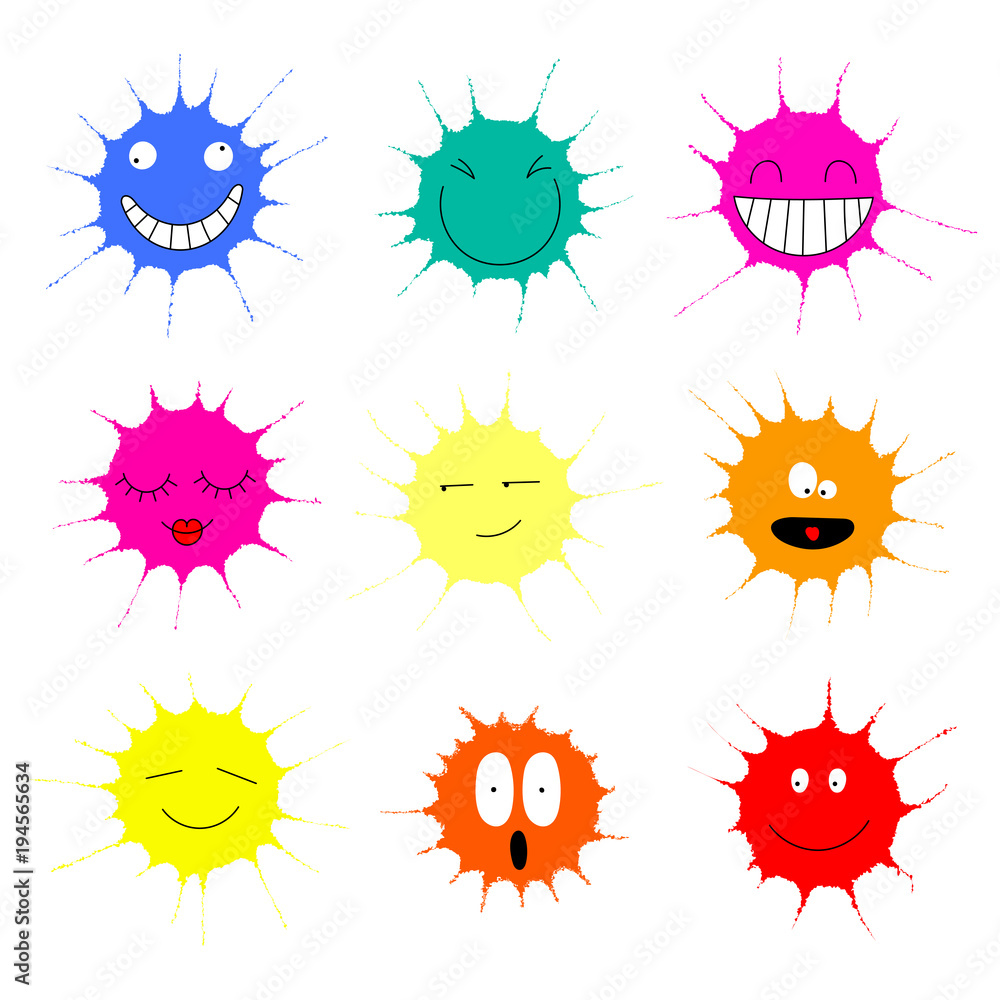 Collection of colorful paint splashes with different funny faces. Isolated objects on white background. Vector illustration. Design concept for children. Collection of colorful paint splashes with different funny faces. Isolated objects on white background. Vector illustration. Design concept for children.