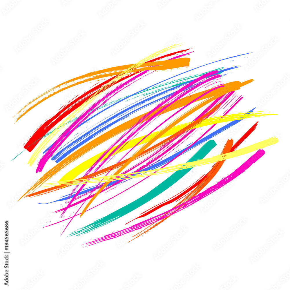 Hand drawn background of colorful brush strokes. Isolated objects on white. Vector illustration. Design concept for festival of colors, party, celebration.