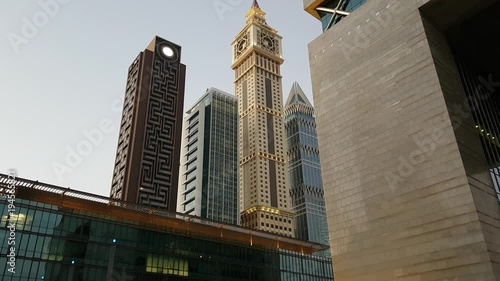 UAE Dubai Financial center famous skyscrapers close-up view photo