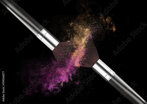 Vector makeup realistic brush for powder. Realistic friable powder, dust from cosmetics. Isolated on black cosmic background.