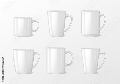 Realistic blank white coffee mug cups with handle. Cup porcelain for tea vector template mockup isolated. Realistic teacup for breakfast, Vector illustration