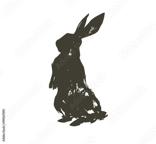 Hand drawn vector abstract sketch graphic scandinavian ink freehand textured black sihouette Happy Easter cute simple bunny illustrations greeting design element isolated on white background
