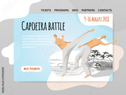 Capoeira, the traditional Brazilian martial art. Two men fighting. Vector illutration, design template of sport site header, banner or poster.