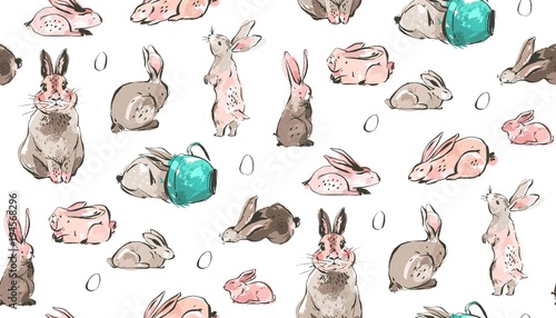 Hand drawn vector abstract sketch graphic scandinavian freehand textured modern collage Happy Easter cute simple bunny illustrations seamless pattern and Easter eggs isolated on white background
