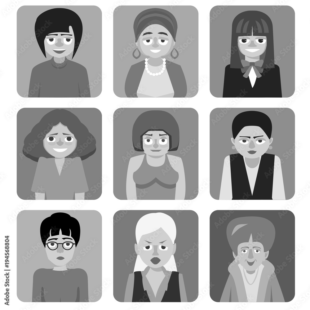 women's cartoon avatars, black and white vector women's cartoon avatars, black and white vector