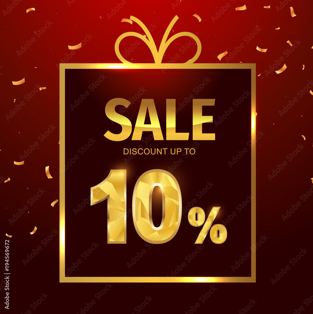 Sale discount 10 percent in gift box. Vector Low polygonal font. Special offer sale gold tag isolated vector. Discount offer price label, symbol for advertising campaign on shopping day.