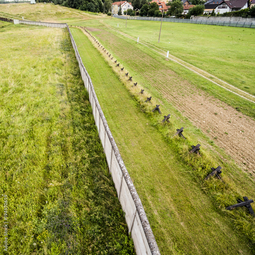 The former border area between West Germany and the GDR, open-air exhibition at Hötensleben, aerial photo taken at an angle.