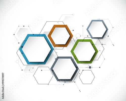 Vector molecule with 3D paper label, integrated Hexagon background. Blank space for content, business, infographic, diagram,digital network, flowchart. Social network connection technology concept