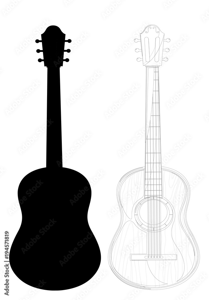 A guitar sketch is a silhouette and a detailed sketch. Musical instrument A guitar sketch is a silhouette and a detailed sketch. Musical instrument