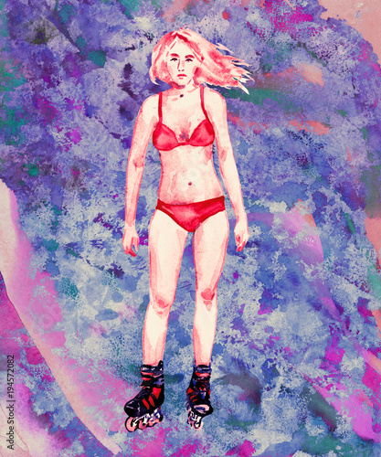 Sexy blond girl in red bikini and roller skates, hand painted watercolor illustration, purple, blue, pink splashes background