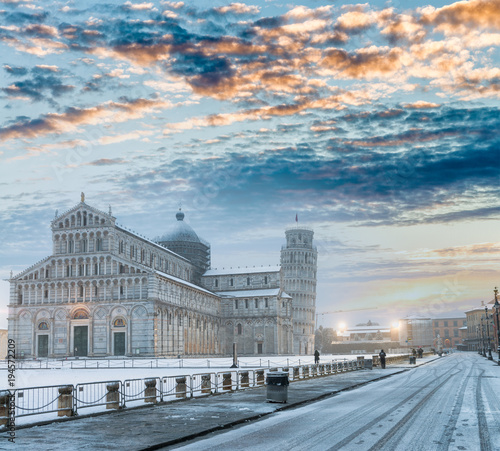 Square of Miracles at sunset after a winter snowstorm, Pisa - Italy