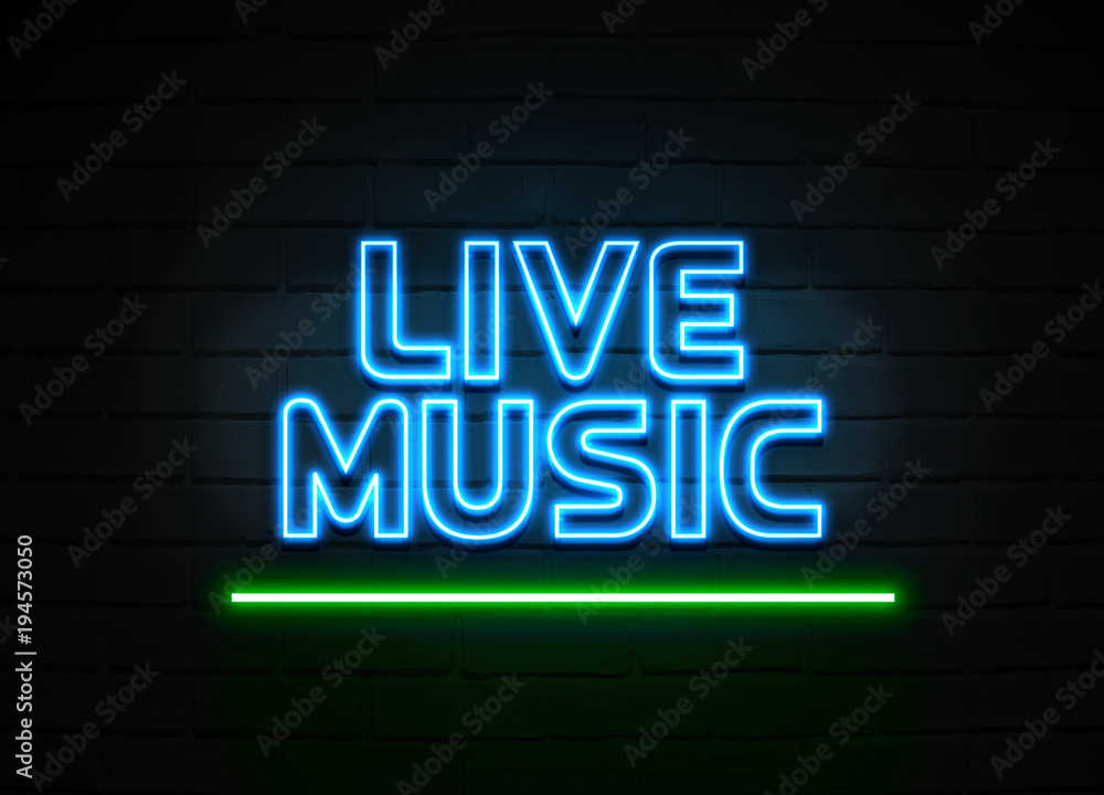 Live Music neon sign mounted on brick wall Live Music neon sign mounted on brick wall