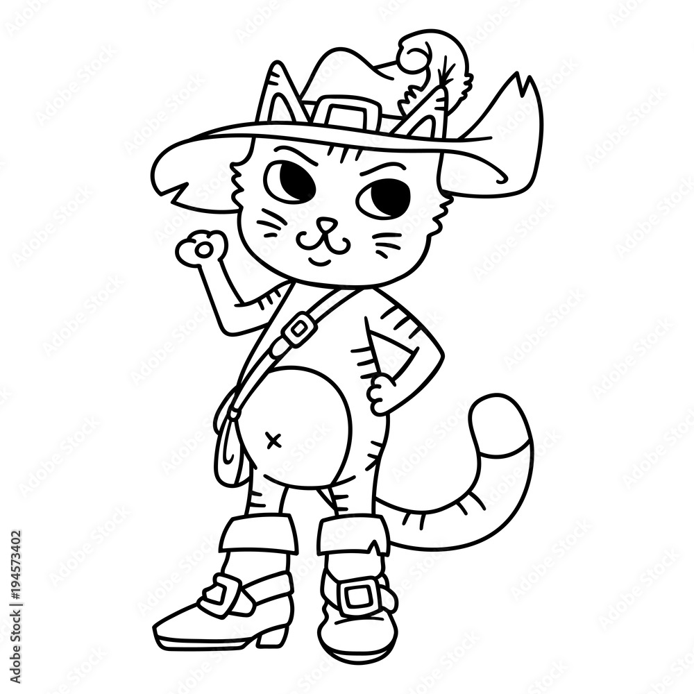 Puss in boots. Children illustration. Page for coloring book, greeting card, print, t-shirt, poster. Black and white vector illustration. Outline drawing. Isolated objects on white background.