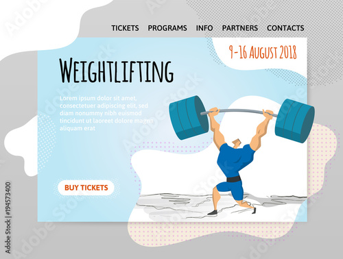 Weightlifting competition. Man lifting heavy barbell over his head. Vector illutration in abstract flat style, design template of sport site header, banner or poster.
