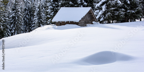 Surprises in the snowy forest. Huts in the snow. Sappada