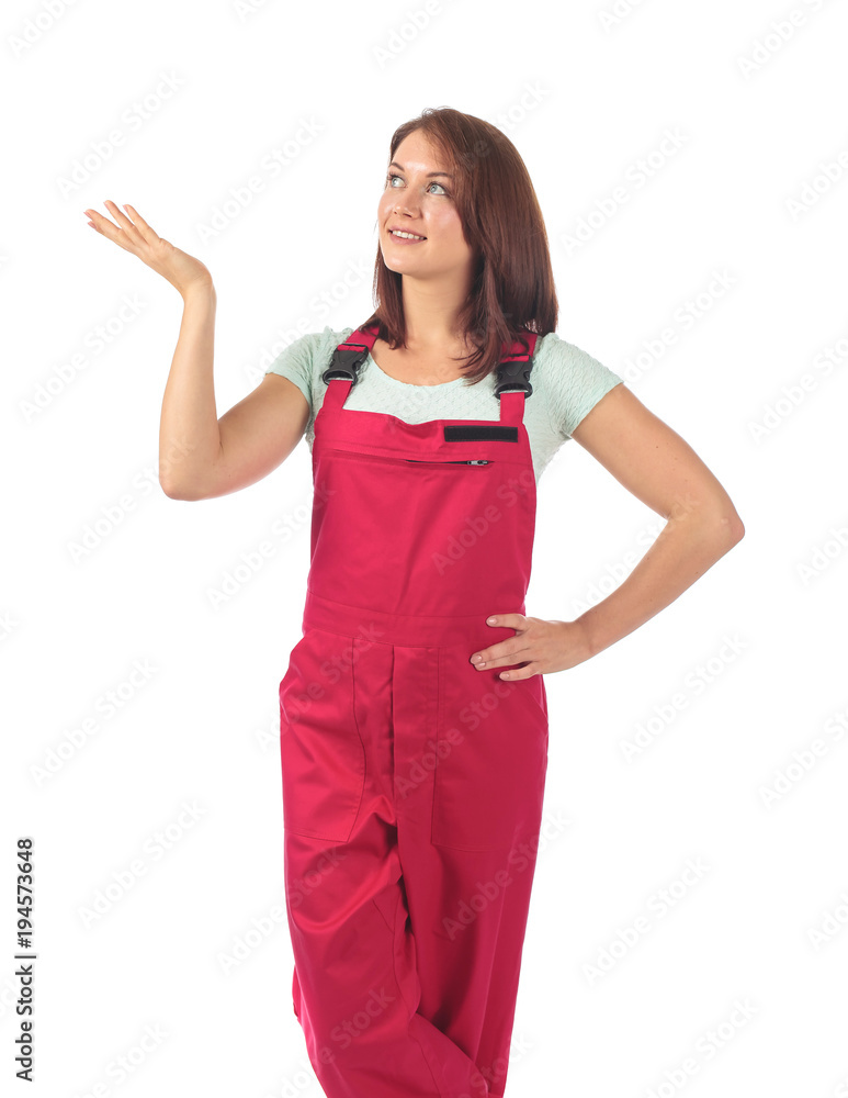 Young woman in red jumpsuit , isolated on white . Young woman in red jumpsuit , isolated on white .