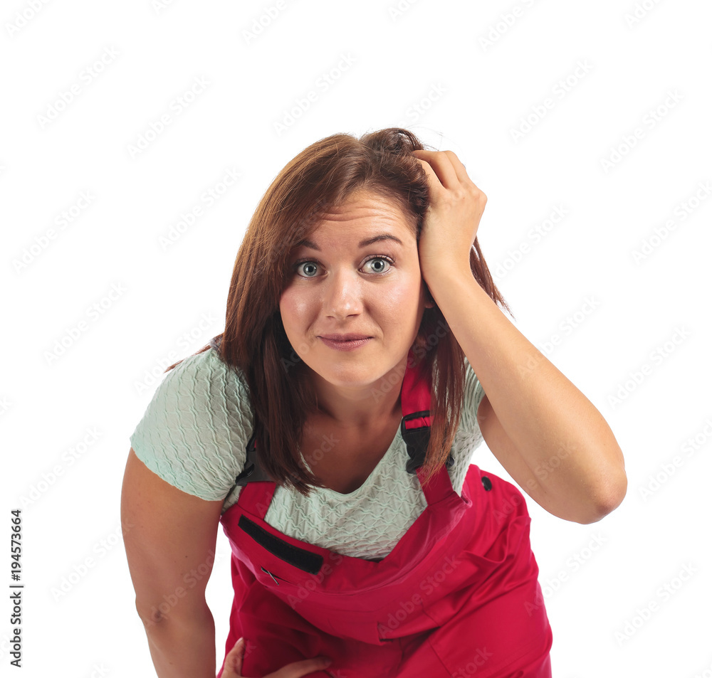 Young woman in red jumpsuit , isolated on white . Young woman in red jumpsuit , isolated on white .