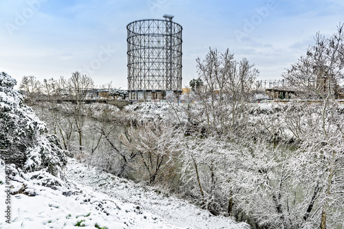 Canvas Print Gazometro, River, Tevere, Snow, Rome, Lazio, Italy, Europe
