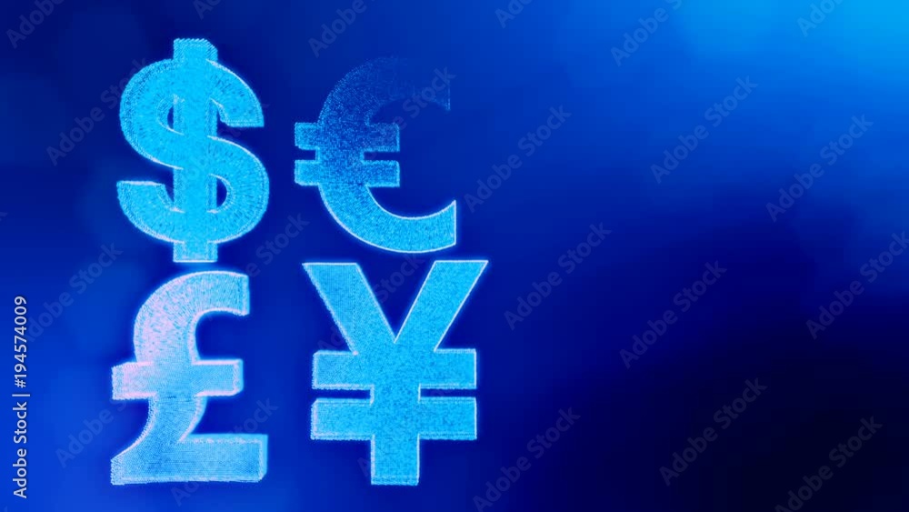 symbol dollar euro pound and yen. Financial background made of glow particles as vitrtual hologram. 3D seamless animation with depth of field, bokeh and copy space. Blue color v1 symbol dollar euro pound and yen. Financial background made of glow particles as vitrtual hologram. 3D seamless animation with depth of field, bokeh and copy space. Blue color v1