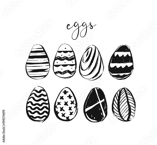 Hand drawn vector abstract sketch ink graphic scandinavian shabby Happy Easter cute simple scandinavian eggs illustrations elements design isolated on white background