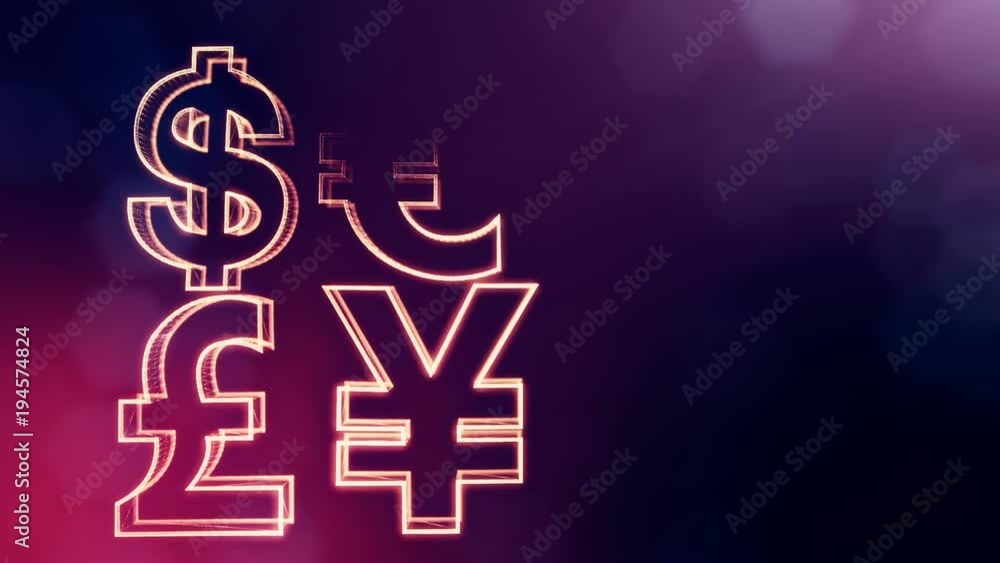 symbol dollar euro pound and yen. Financial background made of glow particles as vitrtual hologram. 3D seamless animation with depth of field, bokeh and copy space.. Purple color v1 symbol dollar euro pound and yen. Financial background made of glow particles as vitrtual hologram. 3D seamless animation with depth of field, bokeh and copy space.. Purple color v1