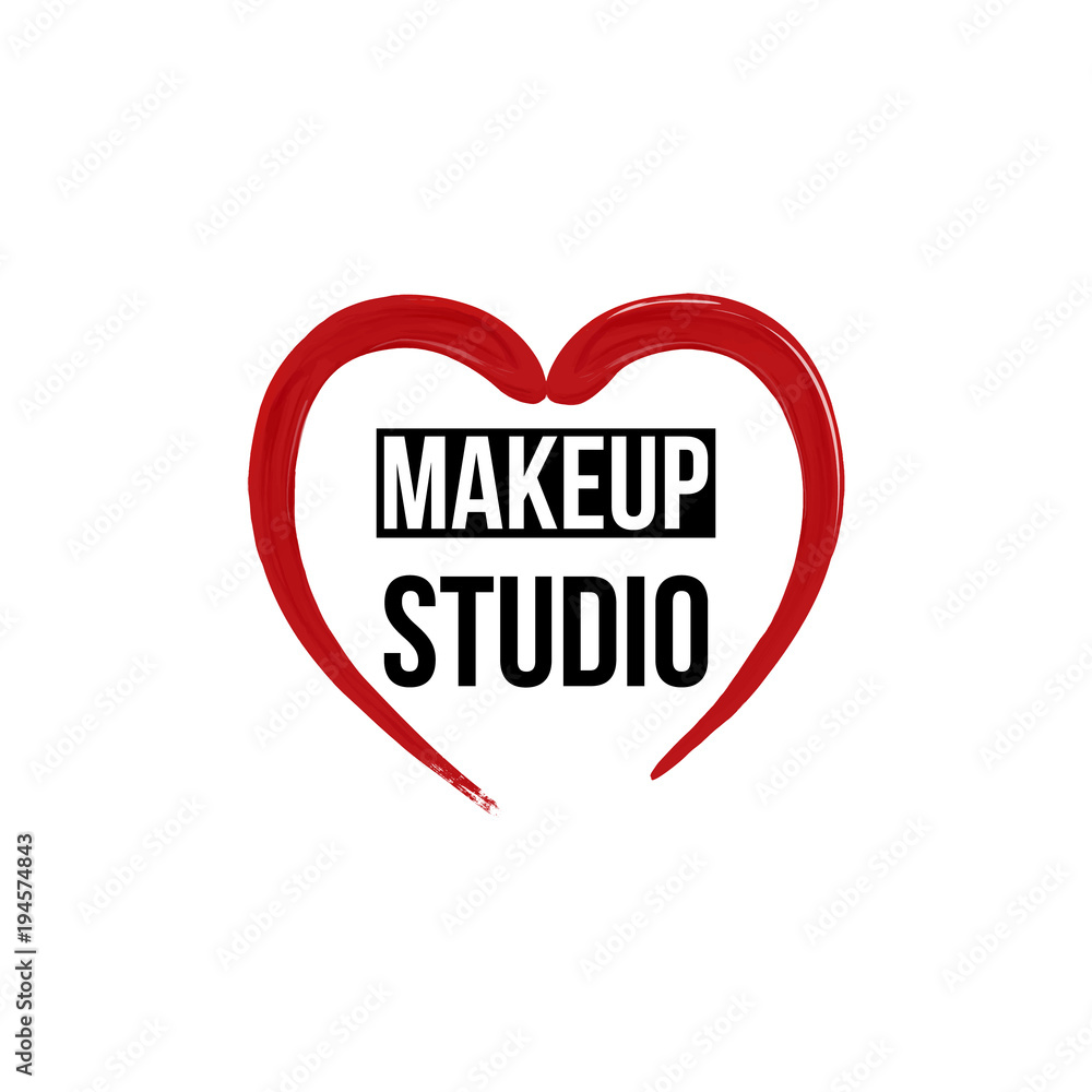 Makeup studio Logo template with a smear of liquid lipstick in the shape of a heart. Heart drawn red lipstick. Beauty and cosmetics background. Vector illustration.