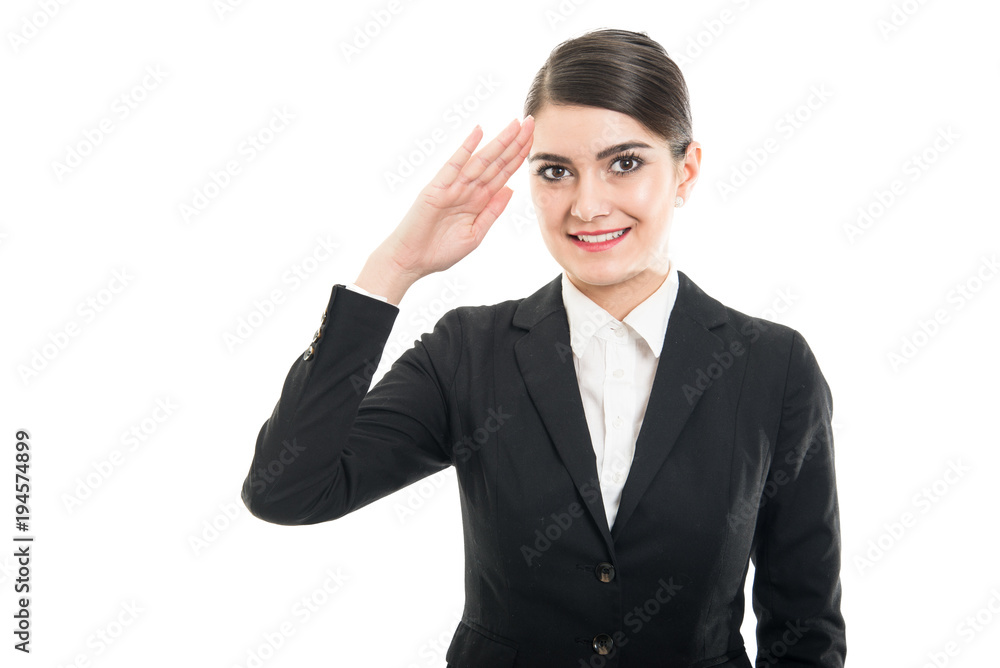 Portrait of beautiful stewardess making salute gesture Portrait of beautiful stewardess making salute gesture