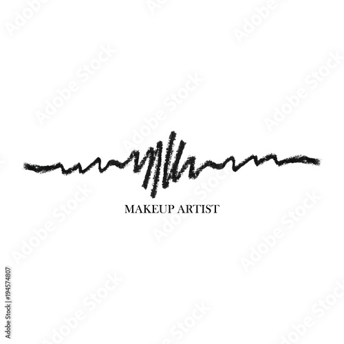 Beauty Makeup Artist logo template concept with black textured eye pencil drawing stroke. Vector cosmetics sample. Eyeliner smudge smear. Cosmetics vector stroke.