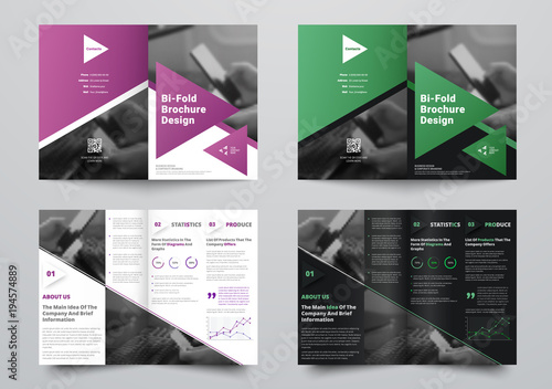 Vector bifold brochure for business with a place for photos and triangular design elements