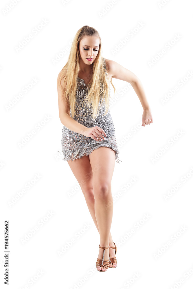 Professional skillful woman dancer wearing shiny sequin dress in action. Full body length portrait isolated on white studio background. Professional skillful woman dancer wearing shiny sequin dress in action. Full body length portrait isolated on white studio background.