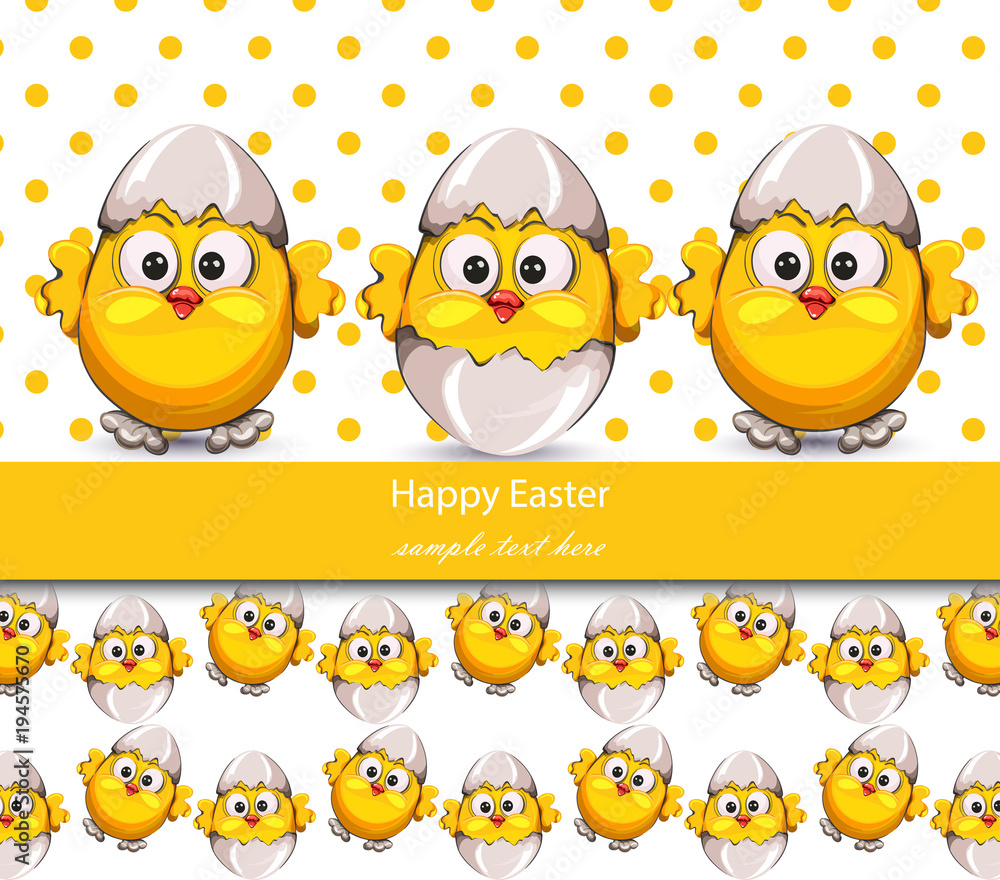 Easter card with cracked eggs and cute little chicken. Vector Retro style cutes