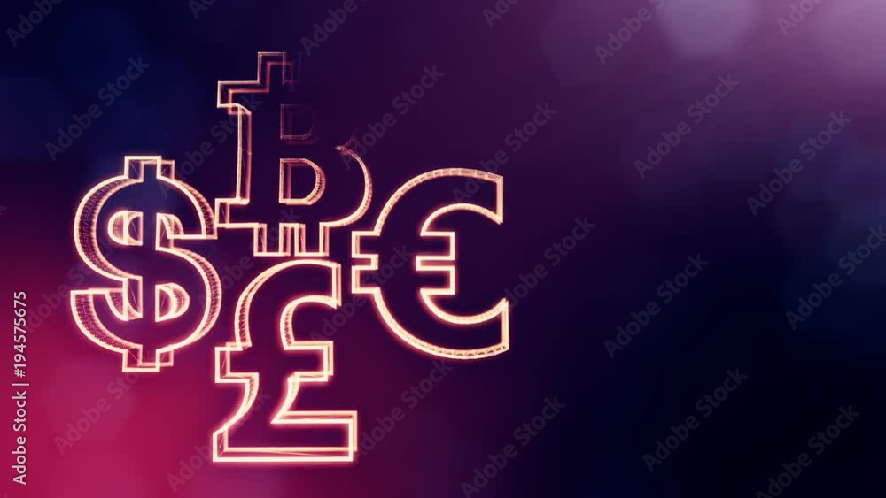 symbol bitcoin dollar euro pound.. Financial background made of glow particles as vitrtual hologram. 3D seamless animation with depth of field, bokeh and copy space. Purple color v1 symbol bitcoin dollar euro pound.. Financial background made of glow particles as vitrtual hologram. 3D seamless animation with depth of field, bokeh and copy space. Purple color v1