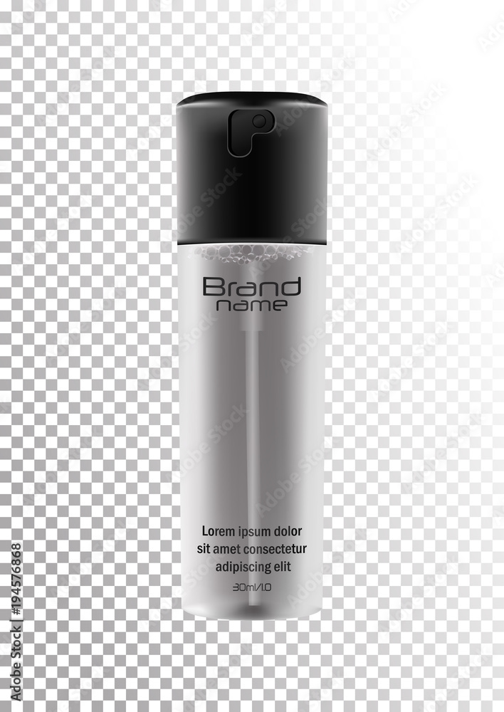 Vector realistic spray bottle with dispenser for cosmetic products,fixing spray,tonic,thermal water,hair products.Transparent matt bottle with a black lid.Isolated object on a transparent background. Vector realistic spray bottle with dispenser for cosmetic products,fixing spray,tonic,thermal water,hair products.Transparent matt bottle with a black lid.Isolated object on a transparent background.