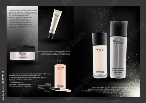 Vector illustration.Stylish beautiful fashion magazine page or catalog in black with sparkles. Realistic bottles of cosmetic novelties 3d.Set of makeup products,brochure template for design uses.