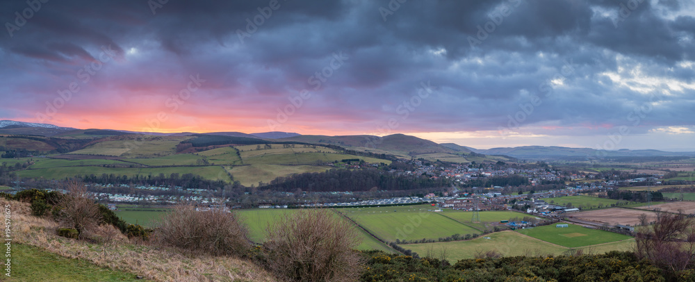 Sunset Panorama over the Cheviots and Glendale / at Wooler a small market town in Northumberland, England and lies at the edge of Northumberland National Park in the foothills of the Cheviots