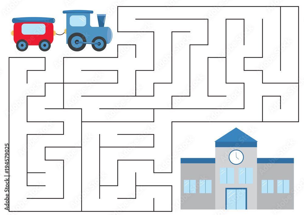 Educational maze game for preschool kids. Help the train find right way
