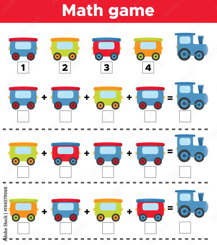 mathematics educational game for children cute cartoon train tasks for addition printable worksheet vector illustration stock vector adobe stock