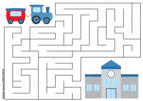 Educational maze game for preschool kids. Help the train find right way to railway station. Vector illustration.