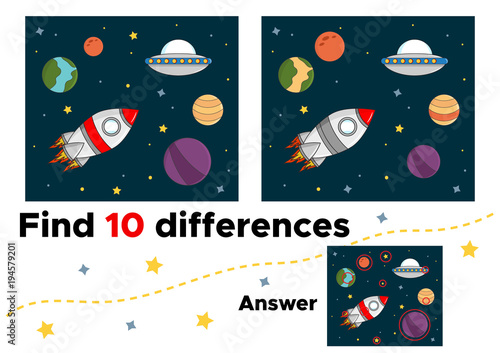Find ten differences. Cute cartoon space elements: rocket, planets and stars. Educational game for preschool children. Vector illustration