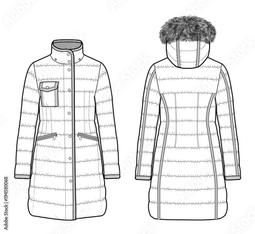 Moncler jacket padding fashion flat technical drawing template Stock ...