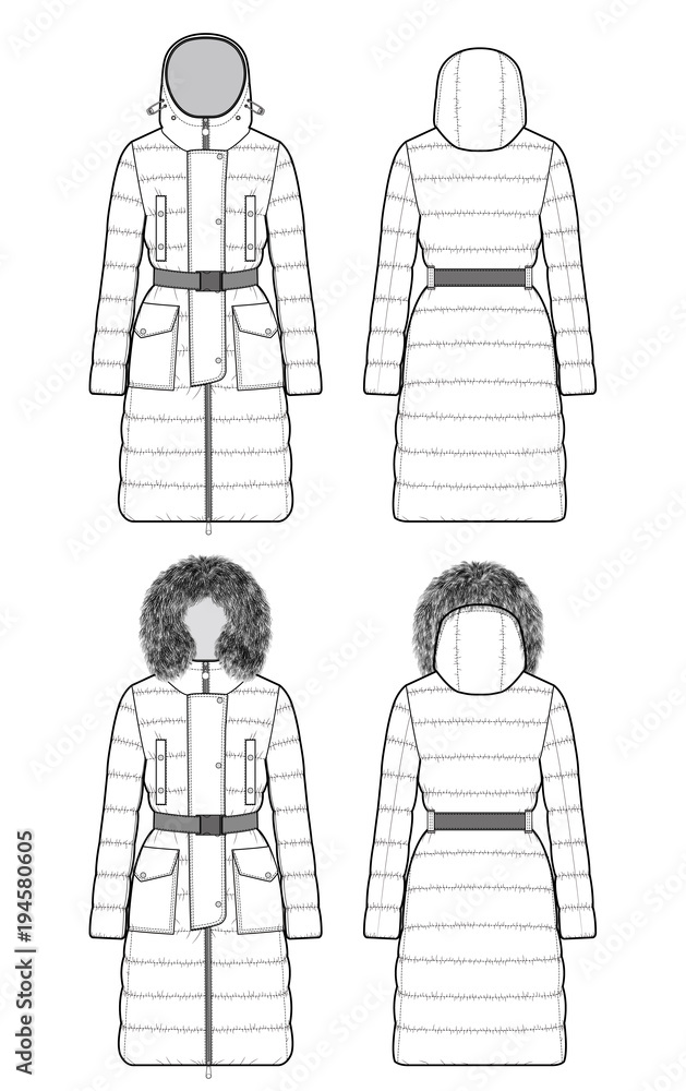 Moncler jacket padding fashion flat technical drawing template Stock Vector  | Adobe Stock