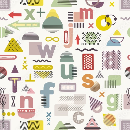 Seamless geometric pattern in memphis style with colorful letter