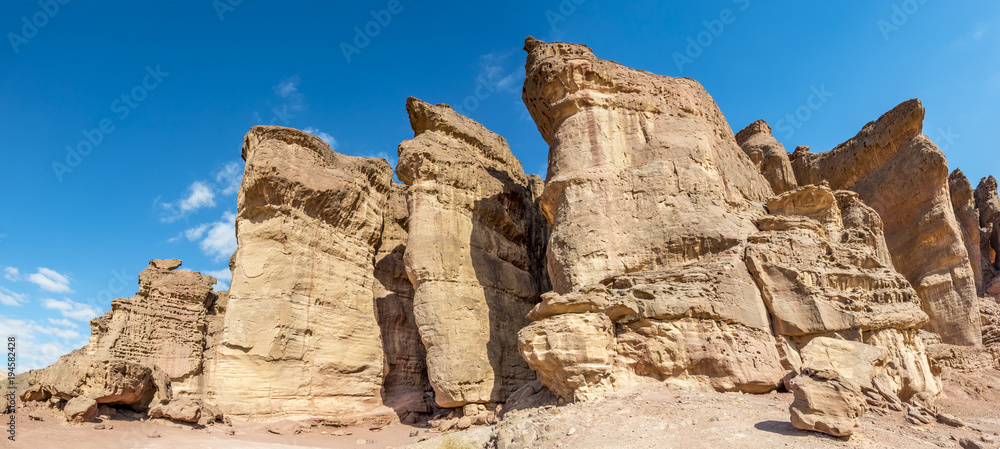 Panoramic view on unique stone formation - pillars of the Solomon King in Timna geological park, 25 km north of Eilat, Israel 