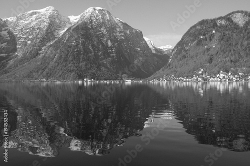 Black and white Lake between mountains and forests,hallstatt, Austria