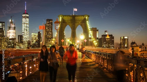 New York City, United States, time lapse view of Brooklyn Bridge at nighttime.
