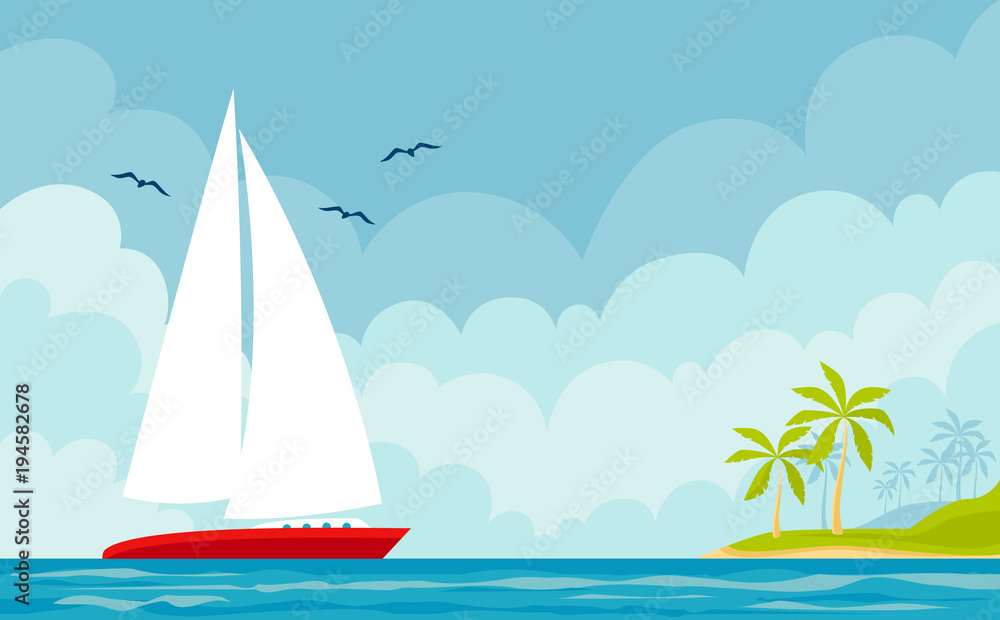 Fototapeta premium Vector seascape with boat and an island