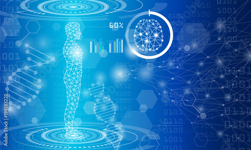 abstract background technology concept in blue light,brain and human body heal ,technology modern medical science in future and global international medical with tests analysis clone DNA human