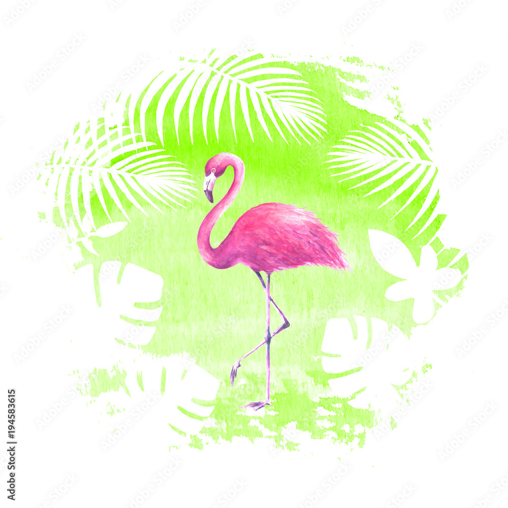 Fototapeta premium Pink flamingo on green watercolor spot
